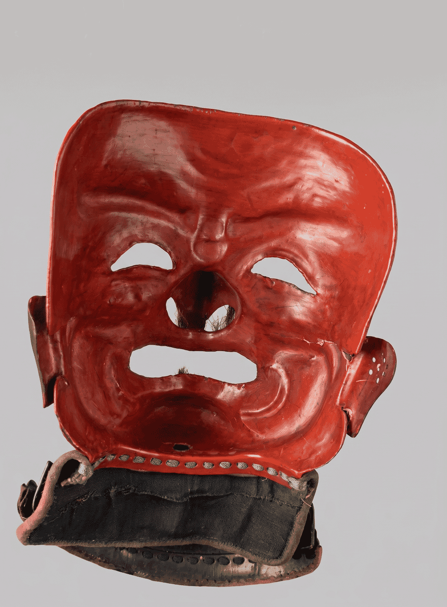 Studio presentation of a Japanese somen full-face armour mask