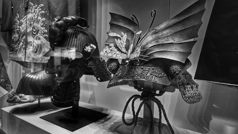 Iron momonari helmet with exaggerated decorative elements and a large frontal maedate