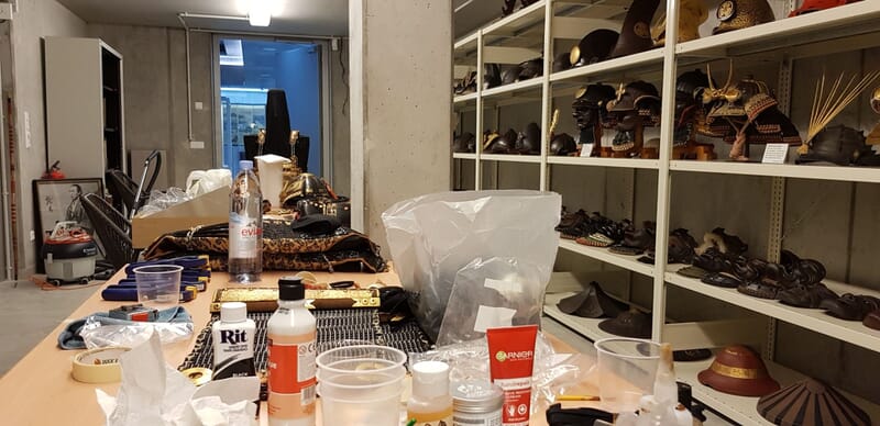 Improvised on site workshop used for Japanese armour restoration at the Samurai Art Museum Berlin