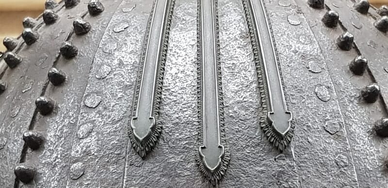 Close up of a Japanese kabuto dating from the Nanboku chō period, circa 1336 to 1392